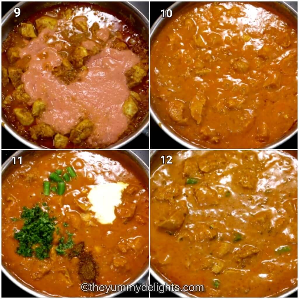 Collage image of 4 steps showing addition of tomato-cashew paste and cream to make Indian chicken curry recipe.