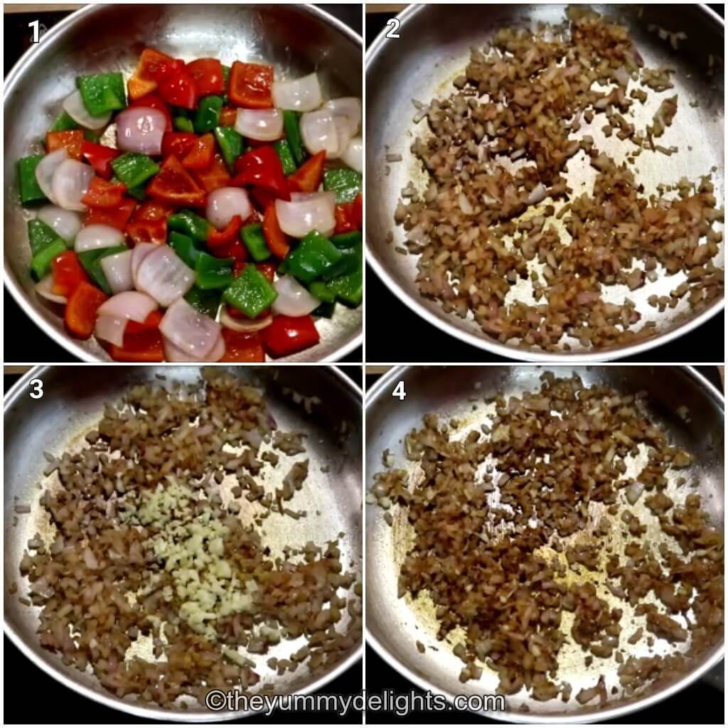 Collage image of 4 steps showing how to make chicken jalfrezi recipe. It shows stir-frying the bell pepper, and onions to make chicken jalfrezi