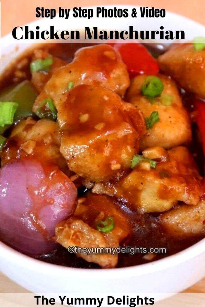 close-up of chicken manchurian gravy served in a white bowl.