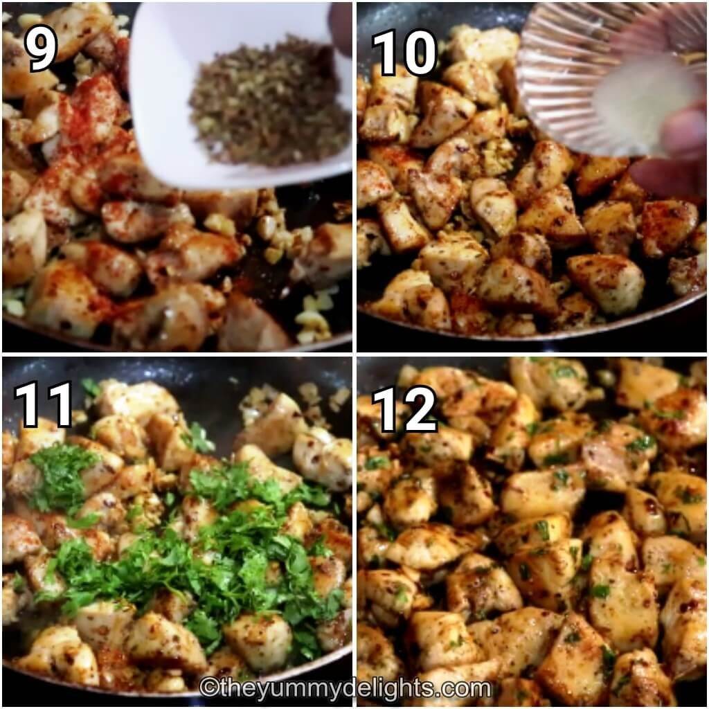 Collage image of 4 steps showing addition of Italian seasoning, paprika, lemon juice and cilantro to make easy garlic butter chicken bites.