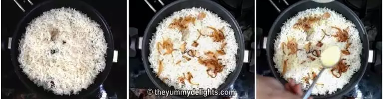 Collage image of 3 steps showing addition of rice over meat to make authentic hyderabadi mutton biryani.