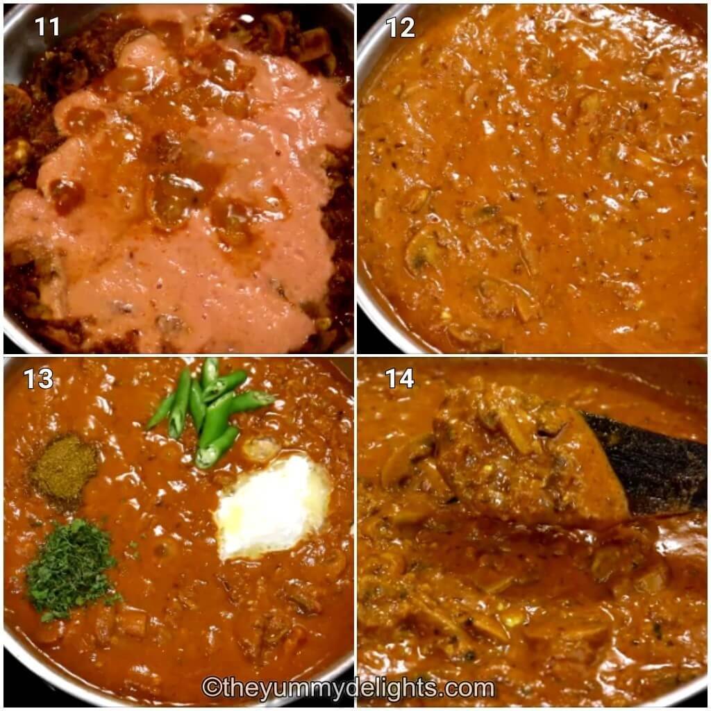 Collage image of 4 steps showing addition of tomato-cashew paste and cooking the mushroom masala.