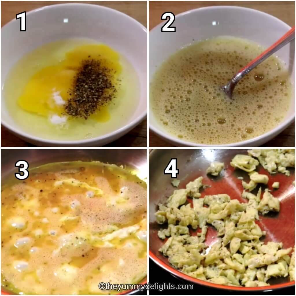 Collage image of 4 steps showing how to scramble eggs for making egg hakka noodles. It shows whisking eggs with salt and pepper and making scrambled eggs.