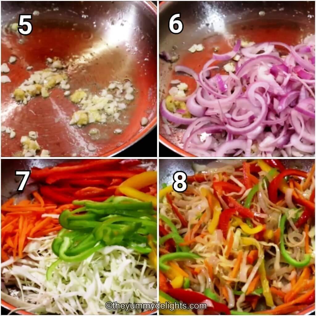 Collage image of 4 steps showing stir-frying the bell pepper, onions and carrots to make hakka noodles