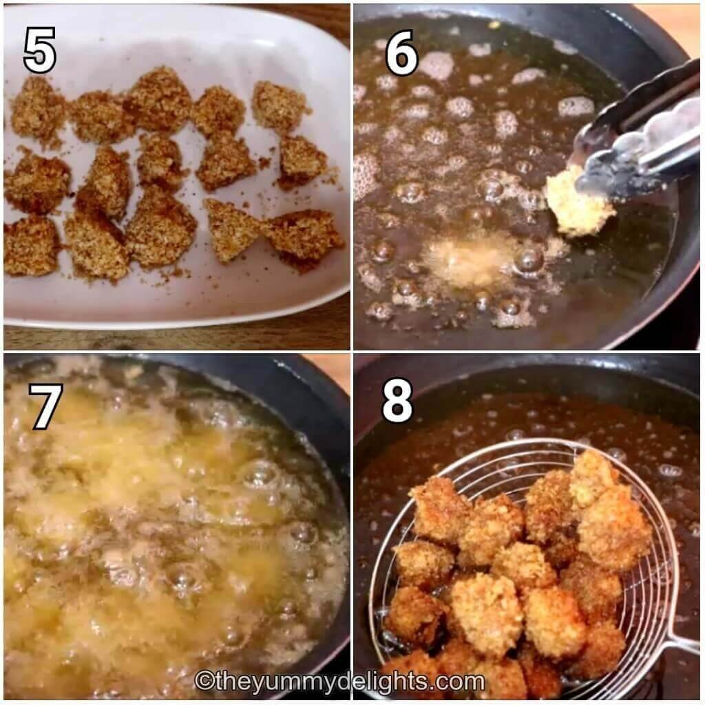 Collage image of 4 steps showing deep frying the chicken nuggets.