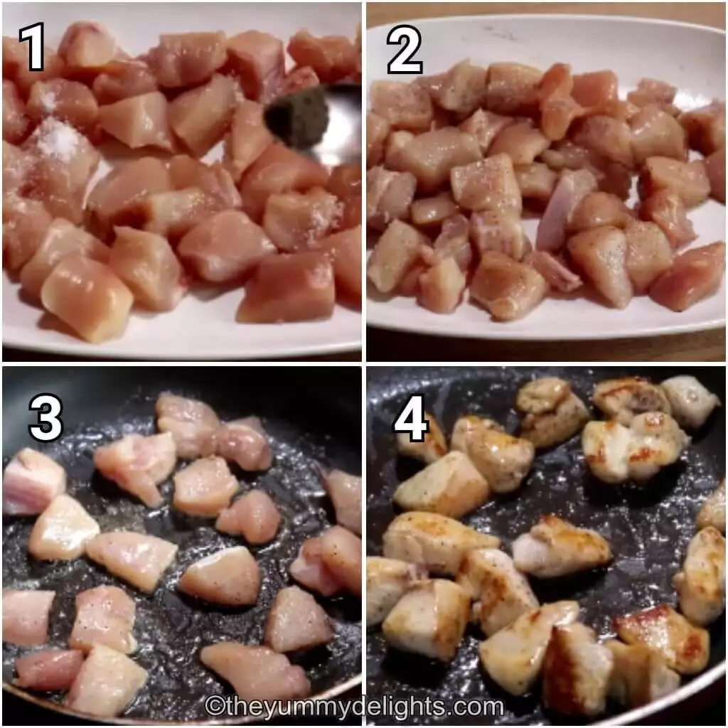 Collage image of 4 steps showing preparations for garlic butter chicken bites. It shows seasoning the chicken with salt and pepper and pan frying it.