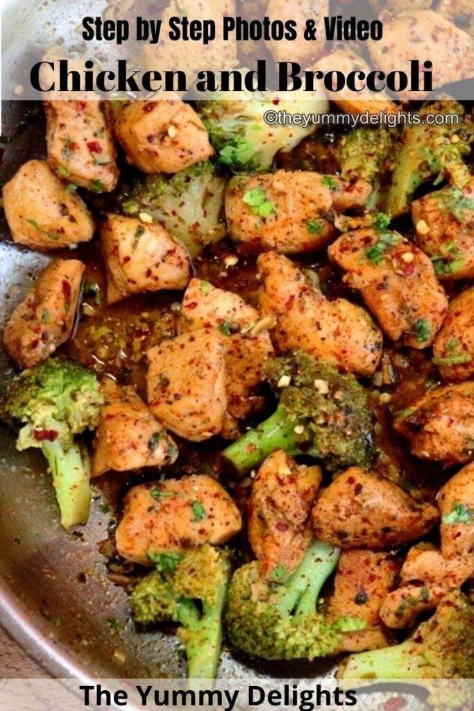 close-up of chicken and broccoli in a skillet.