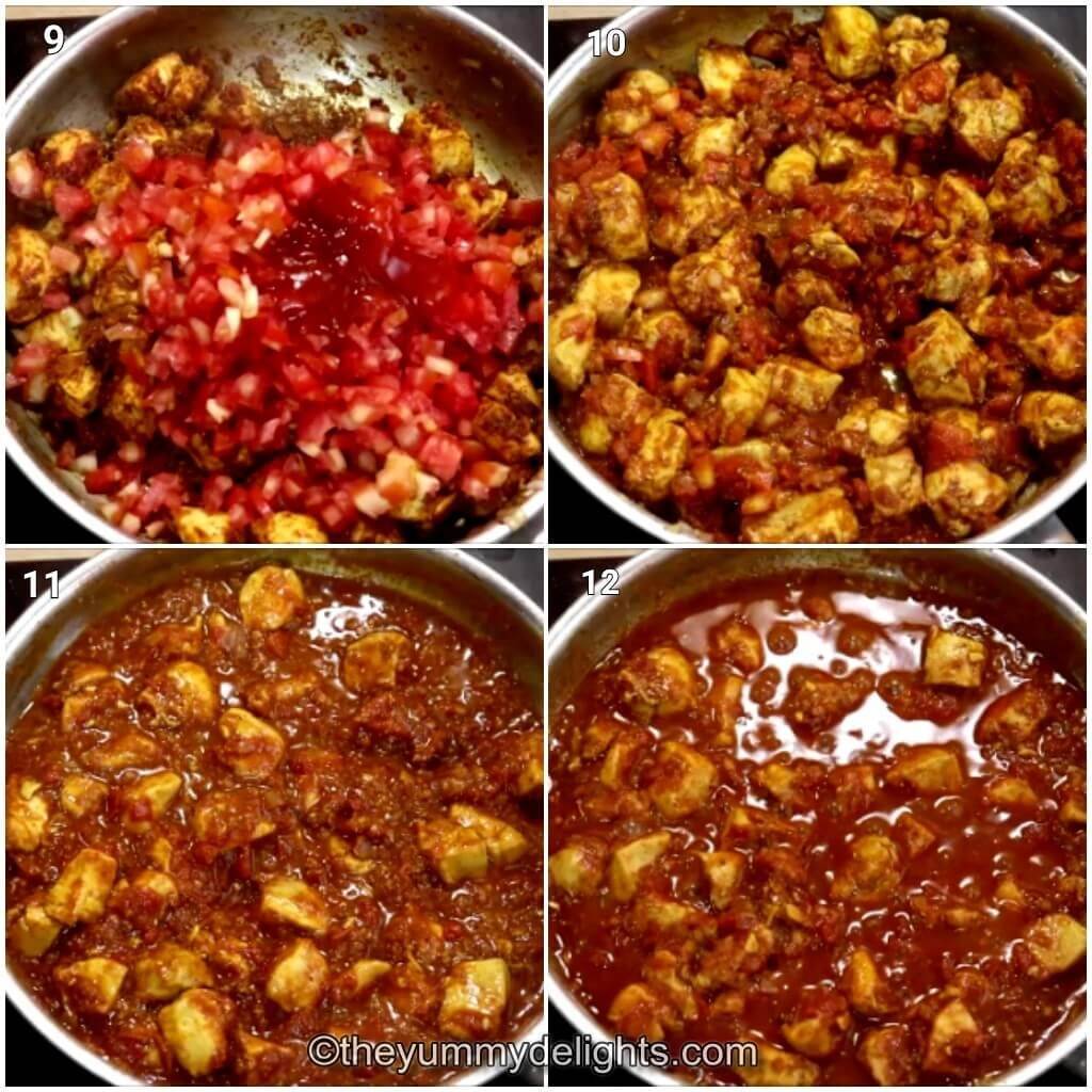 Collage image of 4 steps showing how to make chicken jalfrezi sauce. It shows cooking the tomatoes and tomato ketchup.