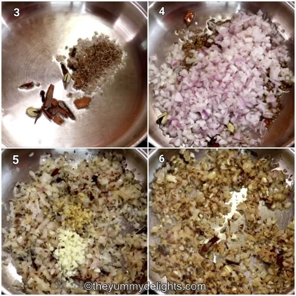 Collage image of 4 steps showing sauteing onions, ginger and garlic to make mushroom masala curry.