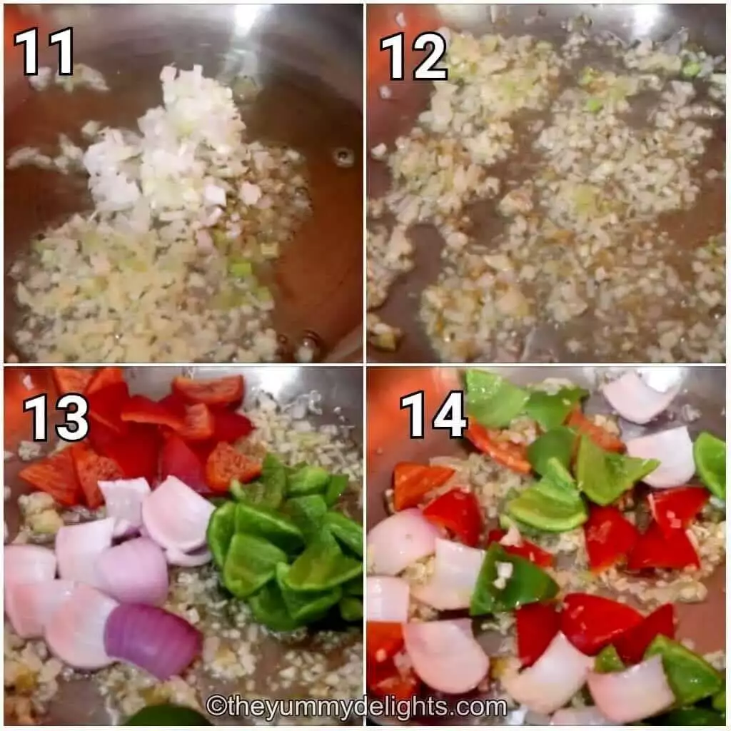 Collage image of 4 steps showing stir-frying ginger,garlic,onions and capsicum.