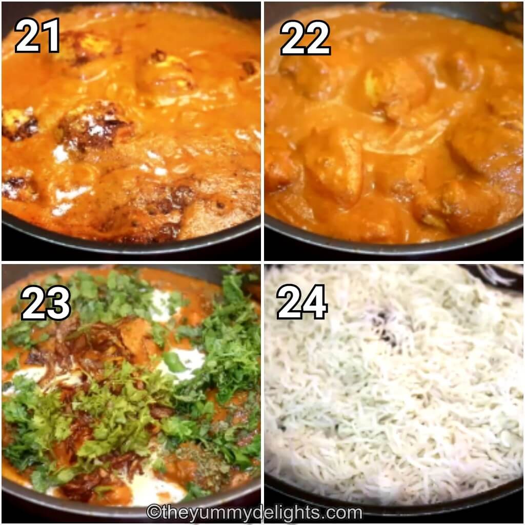 collage image of 4 steps showing assembling & layering butter chicken biryani. It shows additionof tandoori chicken to butter chicken gravy and cooking it and also layering the biryani.
