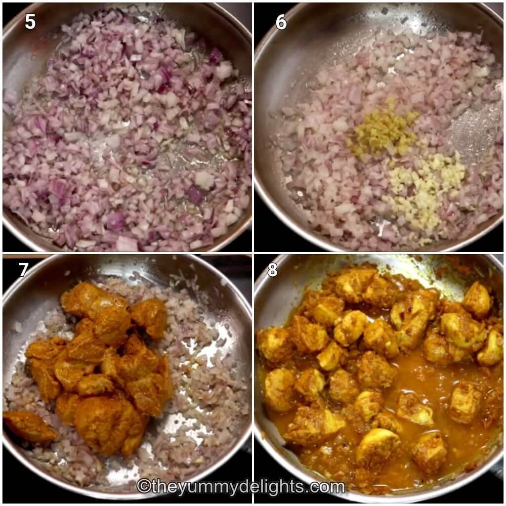Collage image of 4 steps showing how to make boneless chicken curry. It shows sauteing onion, ginger and garlic, addition of marinated chicken and cooking it.