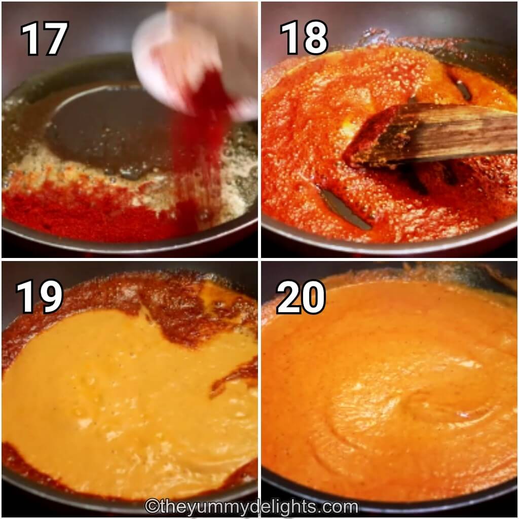 collage image of 4 steps showing cooking butter chicken sauce to make butter chicken biryani. It shows sauteing spices and addition of sauces to make butter chicken biryani.
