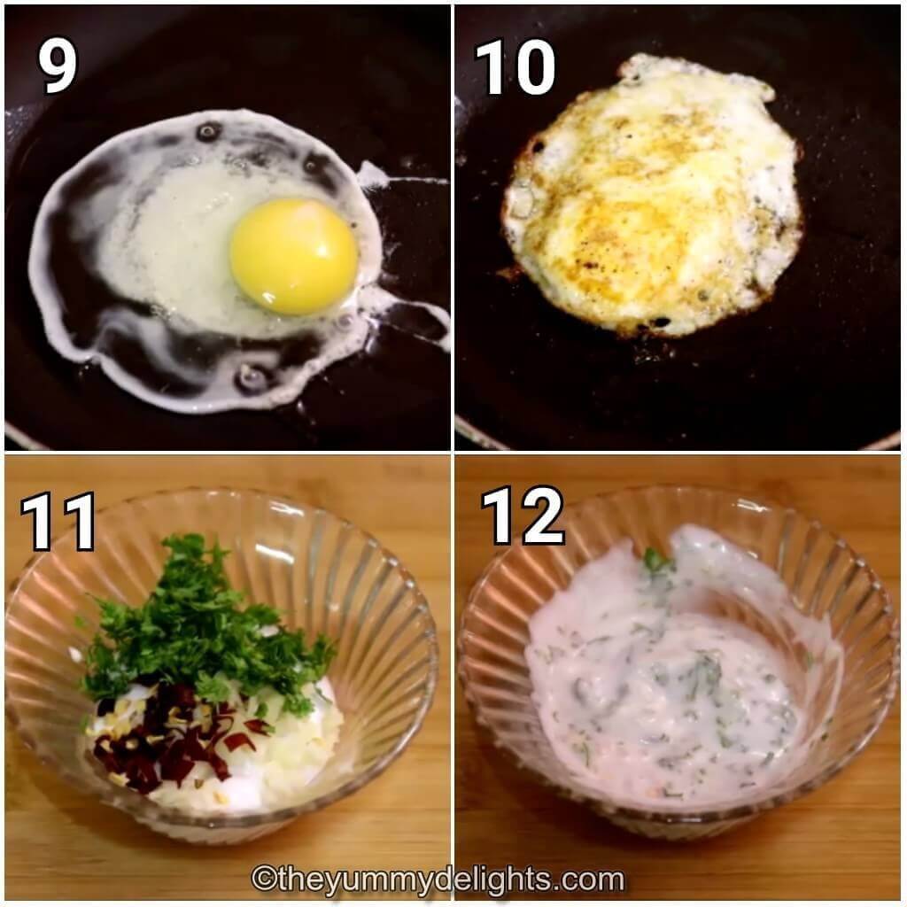 Collage image of 4 steps showing making fried eggs and mayo spread for classic chicken club sandwich.