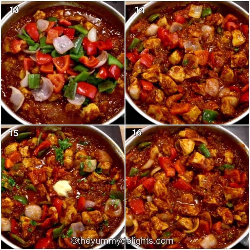Collage image of 4 steps showing showing making the chicken jalfrezi recipe. It shows addition of stir-fried bell peppers and onions back to the pan. Cooking the jalfrezi sauce.
