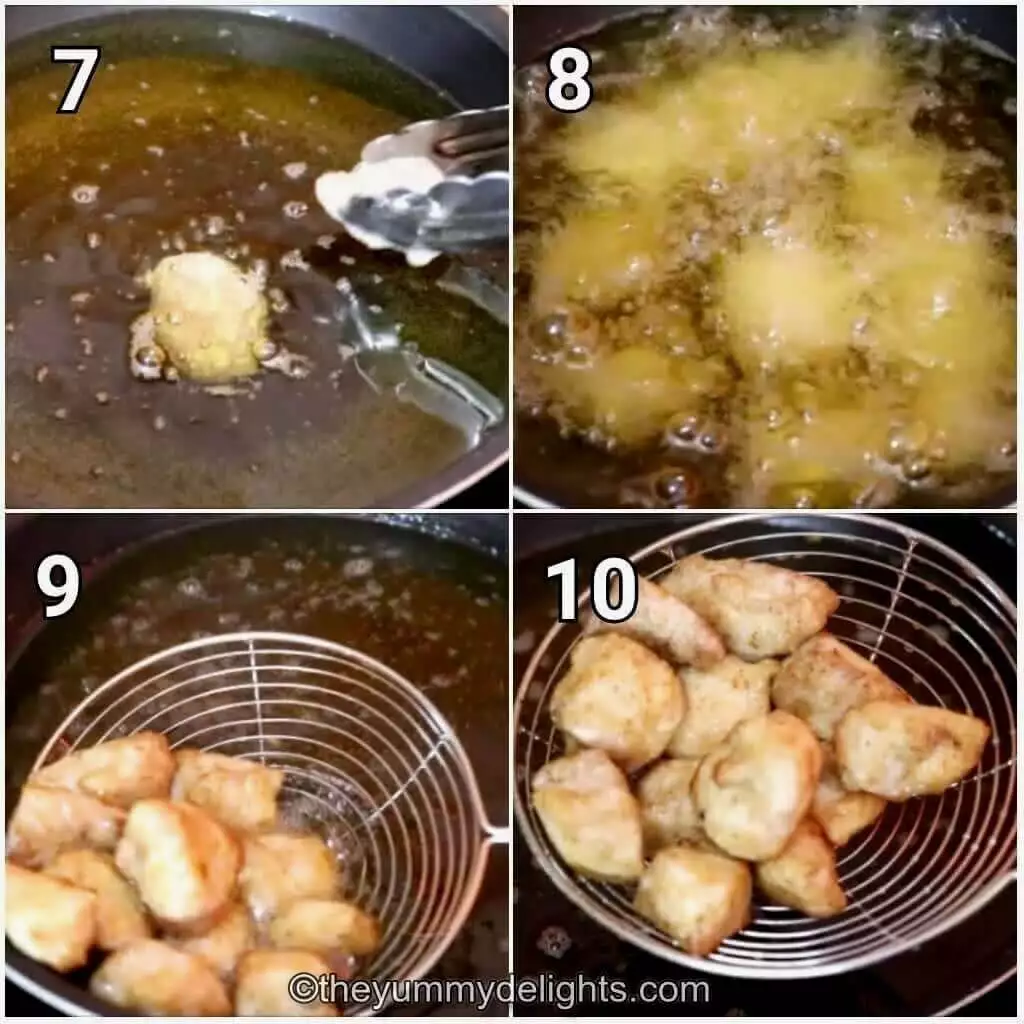 Collage image of 4 steps showing frying the chicken to make restauarant-style chicken manchurian.