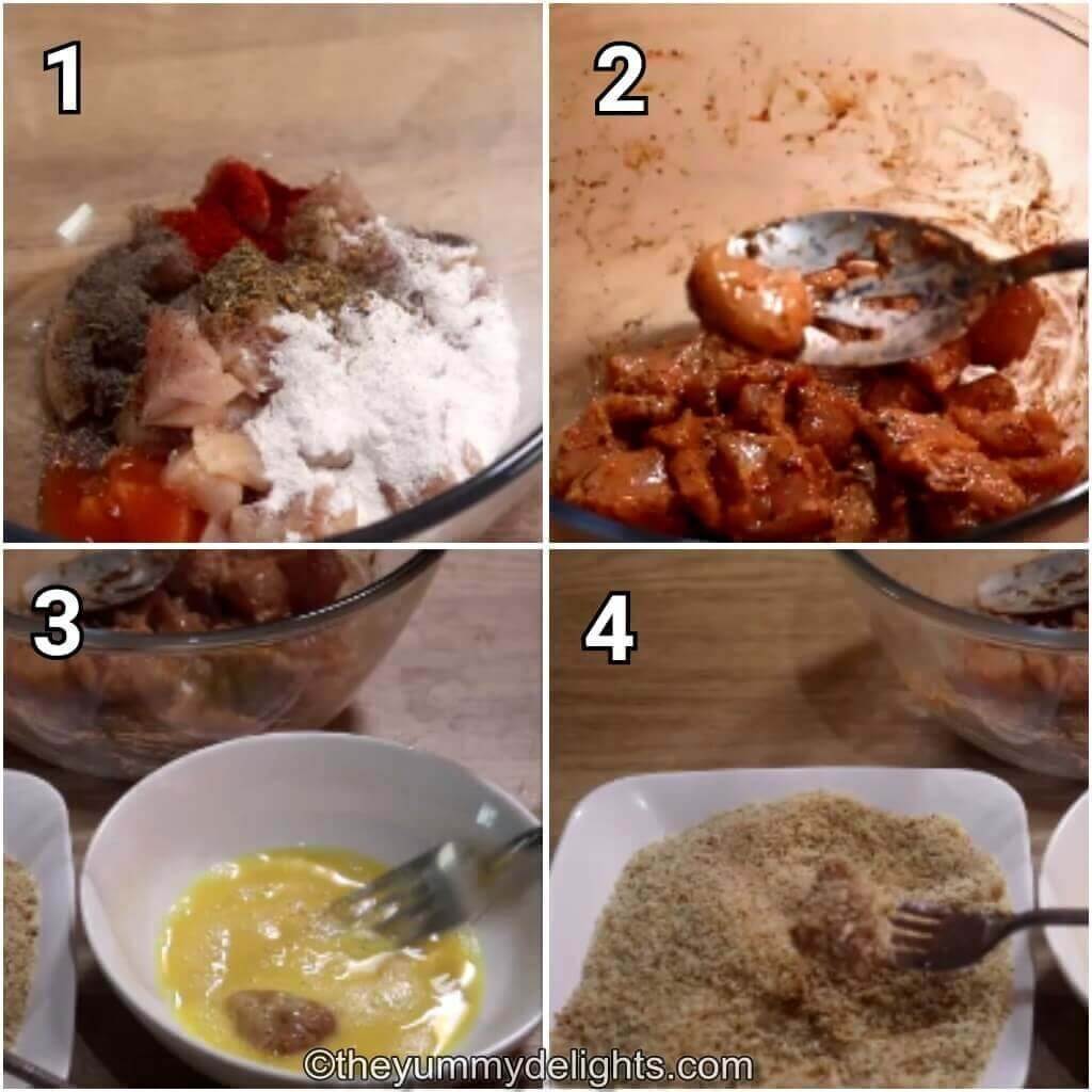Collage image of 4 steps showing how to make crispy chicken nuggets at home. It shows marinating the chicken, coating it in egg mixture and then with breadcrumbs.