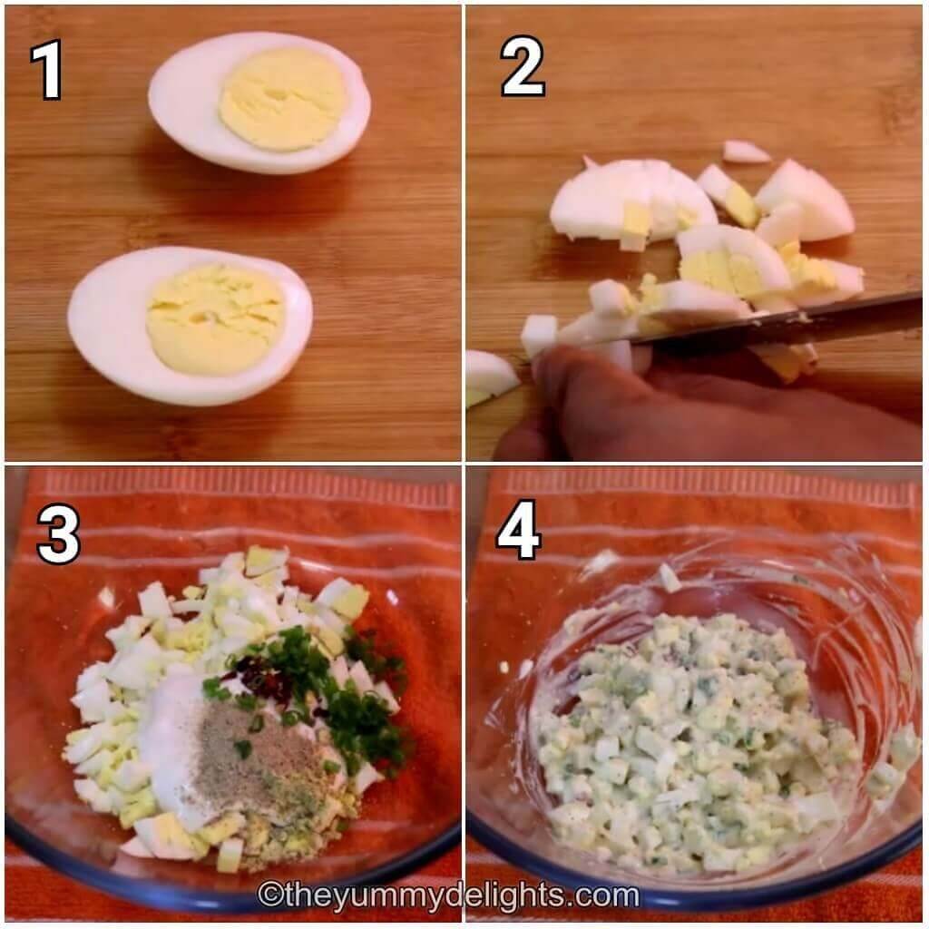 Collage image of 4 steps showing how to make egg mayo sandwich. It shows chopping eggs and making egg mayo sandwich filling and toasting the bread.