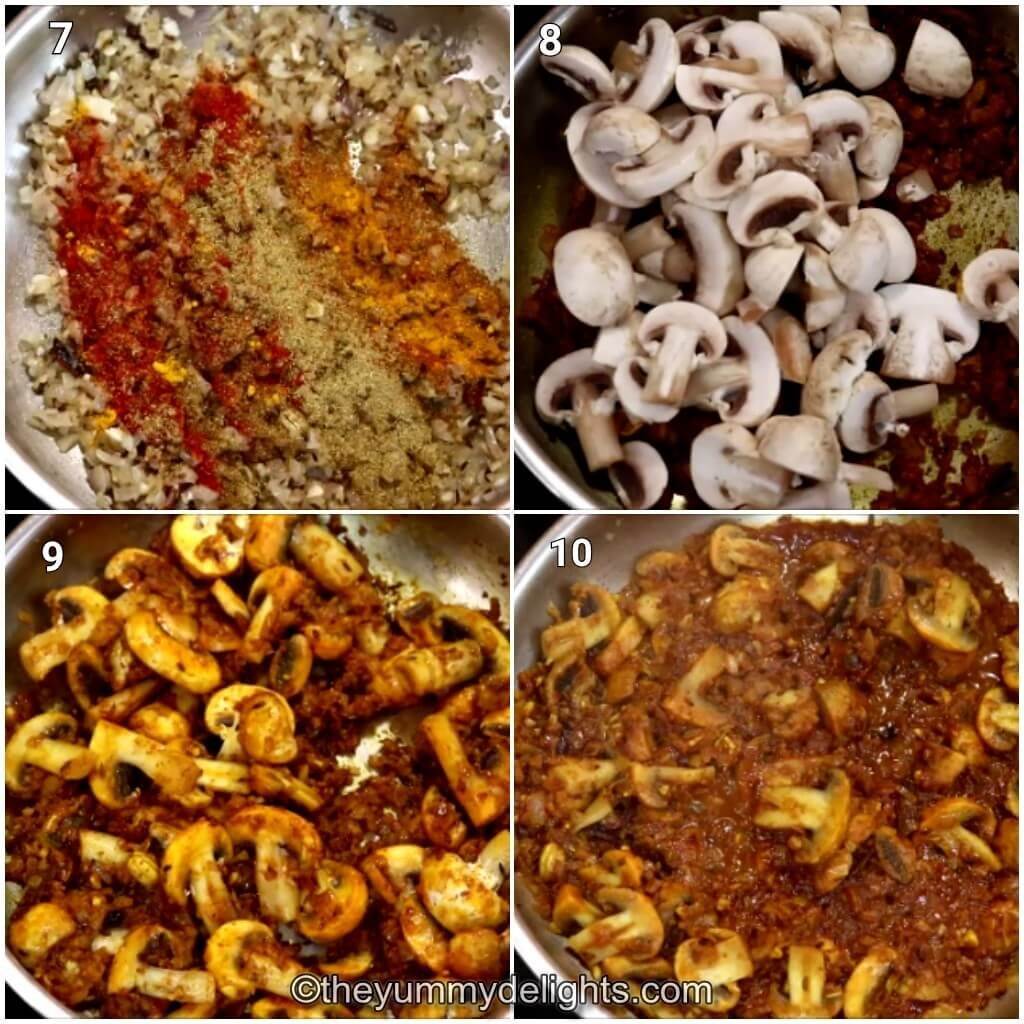 Collage image of 4 steps showing addition of spice powders, mushroom and cooking the mushroom curry.