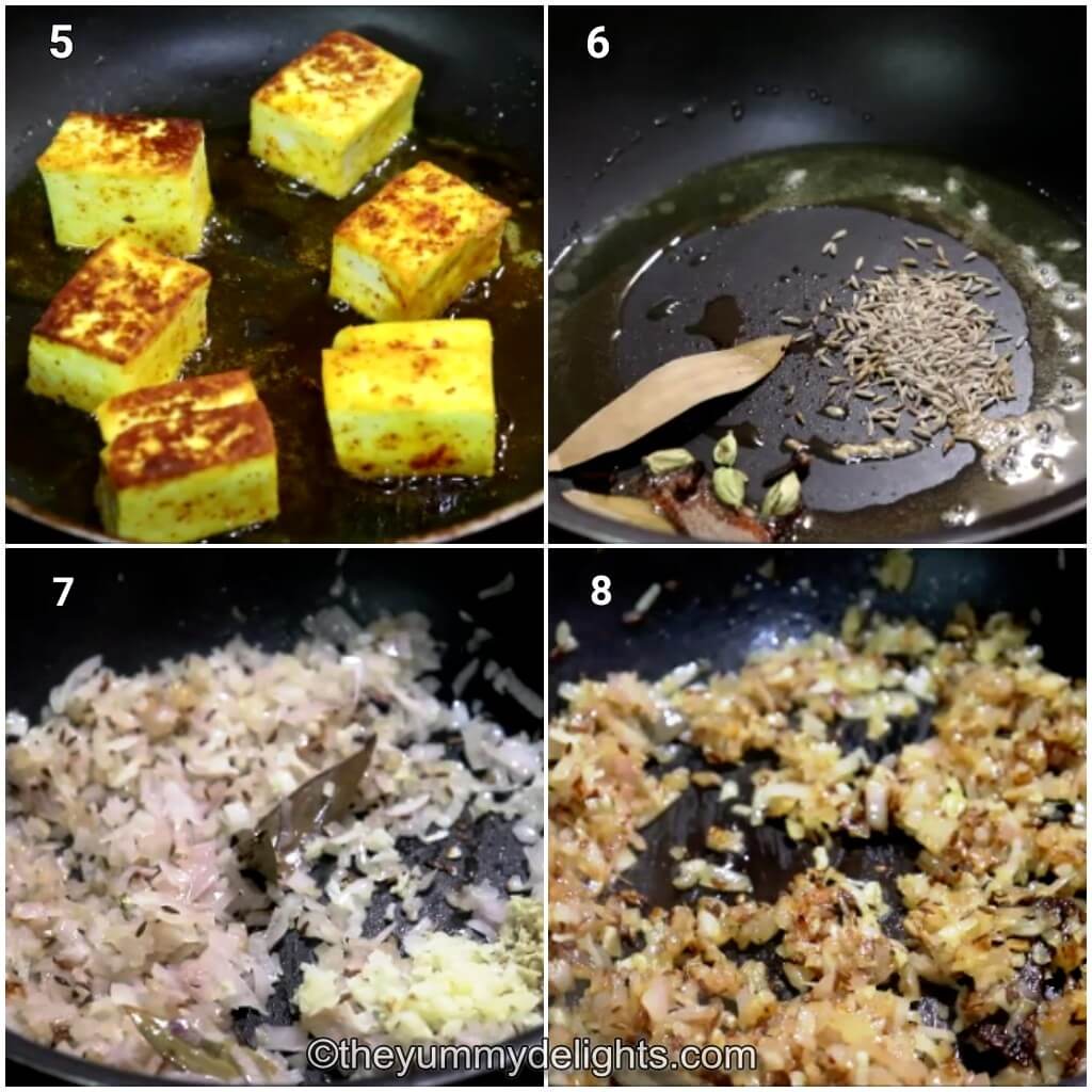 collage image of 4 steps showing frying paneer, and sauteing onions, ginger and garlic to make paneer masala.