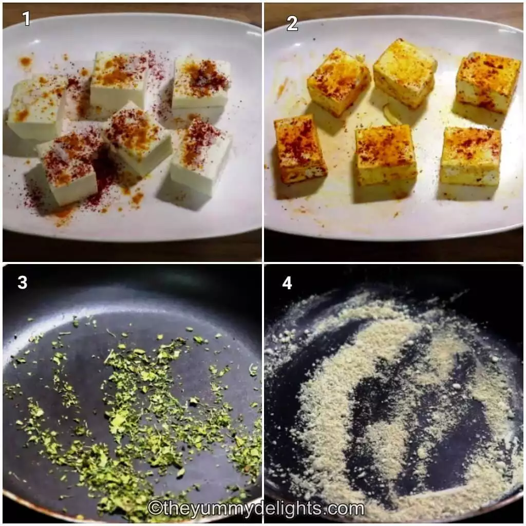 collage image of 4 steps showing how to make paneer masala. It shows marinating paneer and roasting besan.