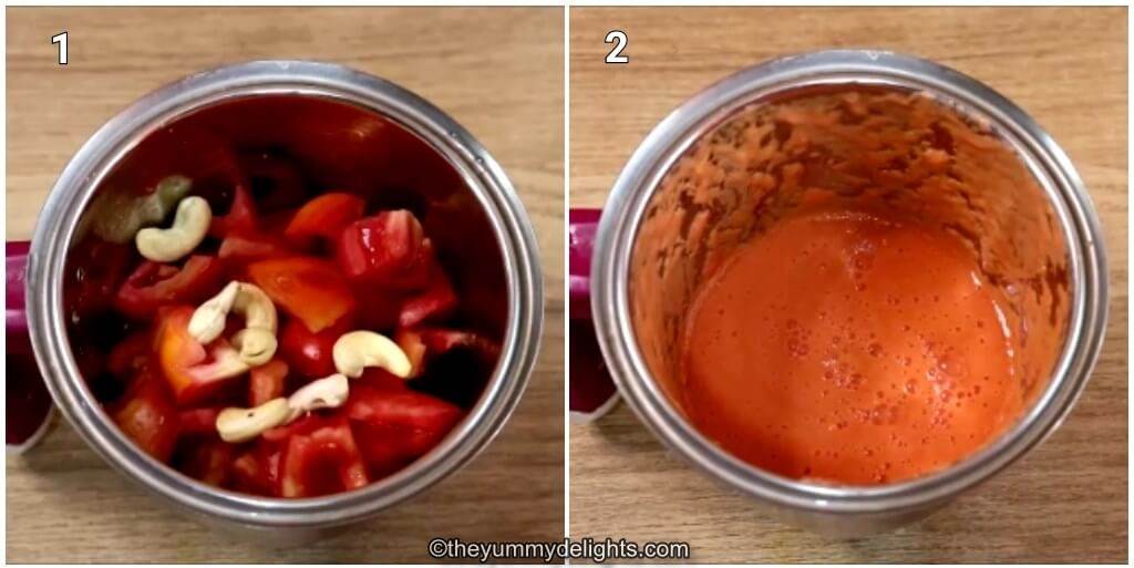 Collage of 2 images showing how to make tomato-cashew paste to make mushroom masala.