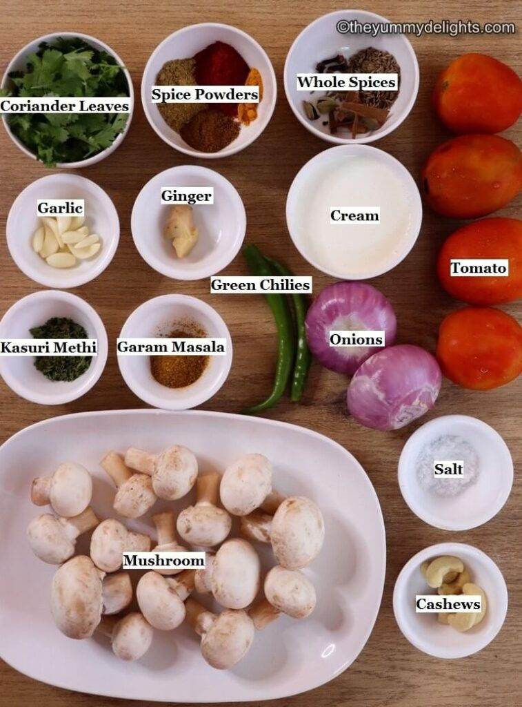 Individually labeled ingredients to make mushroom masala laid out on the table.