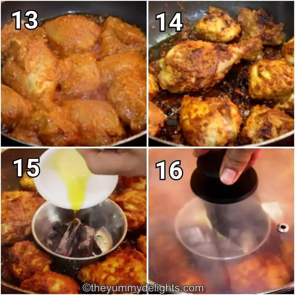 Collage image of 4 steps showing cooking the tandoori chicken to make butter chicken biryani recipe.