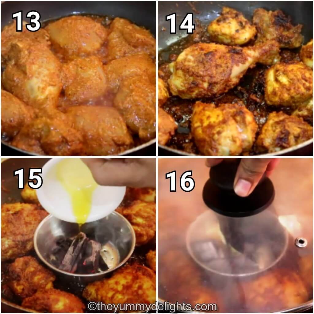 collage image of 4 steps showing how to cook tandoori chicken to make butter chicken biryani. It shows pan-frying the tandoori chicken.