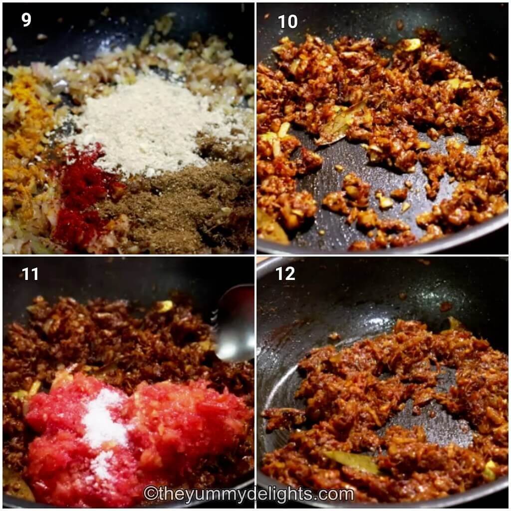 Collage image of 4 steps showing addition of spices and tomatoes for make paneer masala recipe.