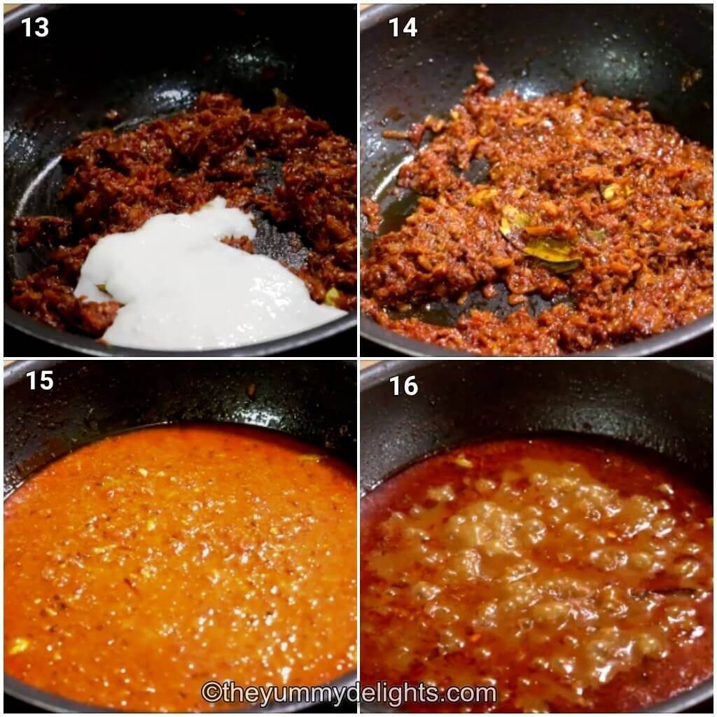 Collage image of 4 steps showing addition of yogurt and cooking the paneer gravy.