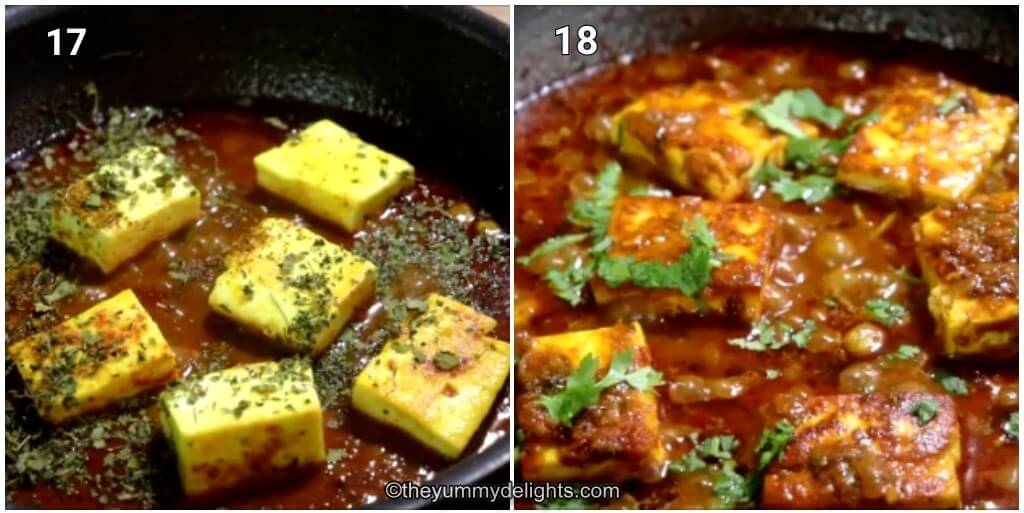 Collage image of 2 steps showing addition of paneer, kasuri methi and green chilies to make dhaba style paneer curry.