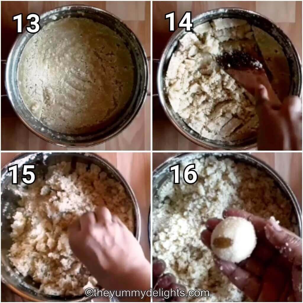 Collage image of 4 steps showing how to make rava ladoo. It shows shaping the rava ladoo.