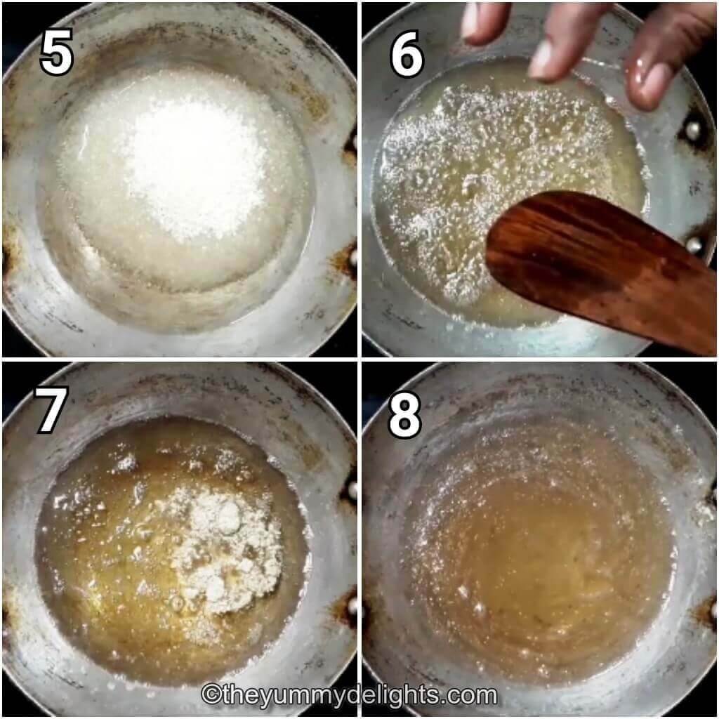 Collage image of 4 steps showing making the sugar srup for rava ladoo.