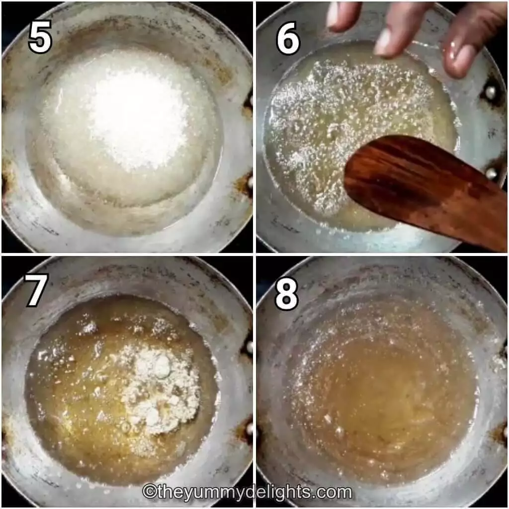 Collage image of 4 steps showing making the sugar srup for rava ladoo.
