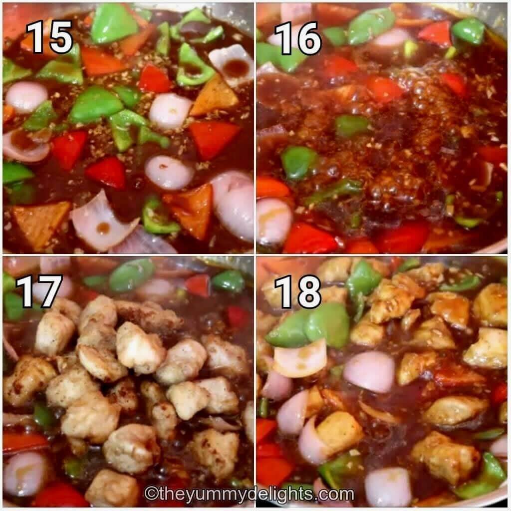 Collage image of 4 steps showing addition of manchurian sauce to make chicken manchurian gravy recipe.