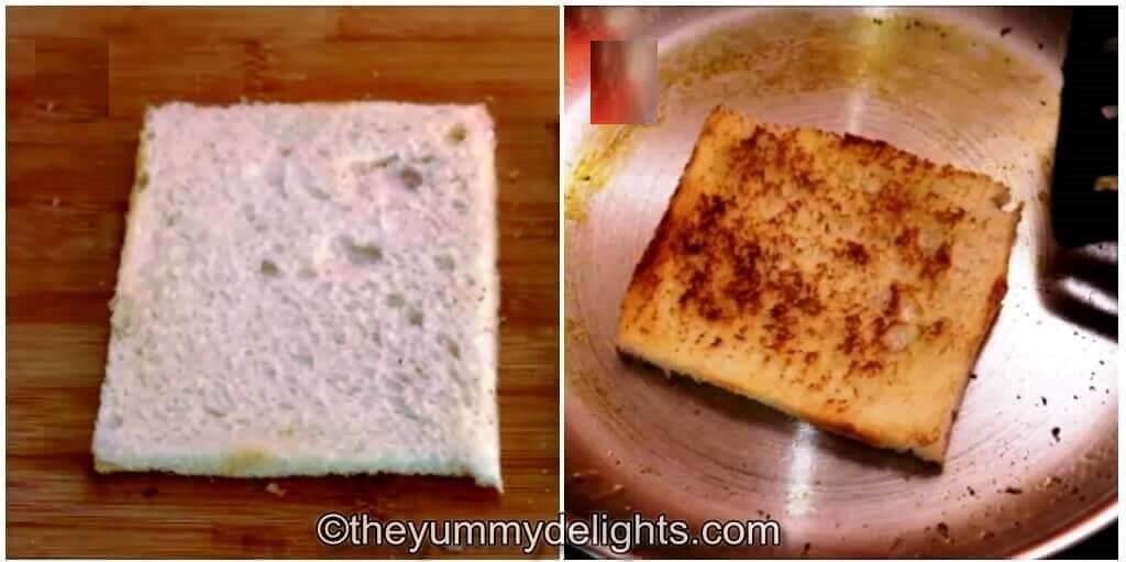collage image of 2 steps showing toasting the bread.