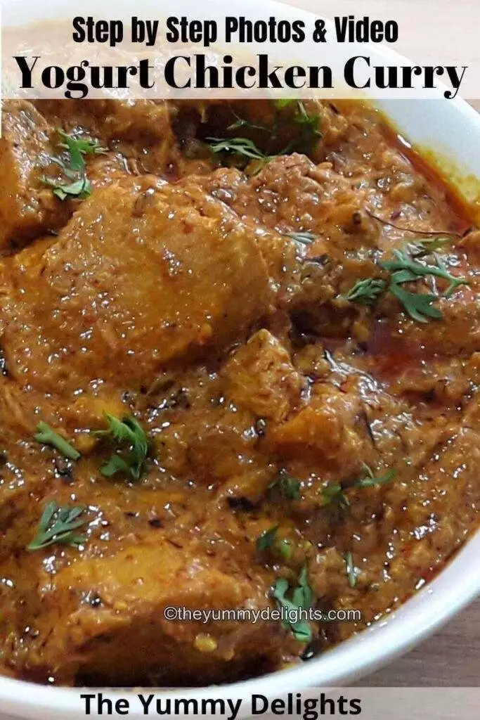 close-up of dahi chicken recipe in a white bowl with text overlay 