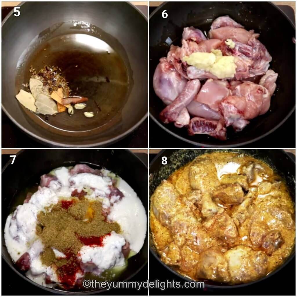 Collage image of 4 steps showing making the chicken korma sauce. It shows sauteing whole spices, addition of chicken, yogurt and spices and cooking it on low heat.