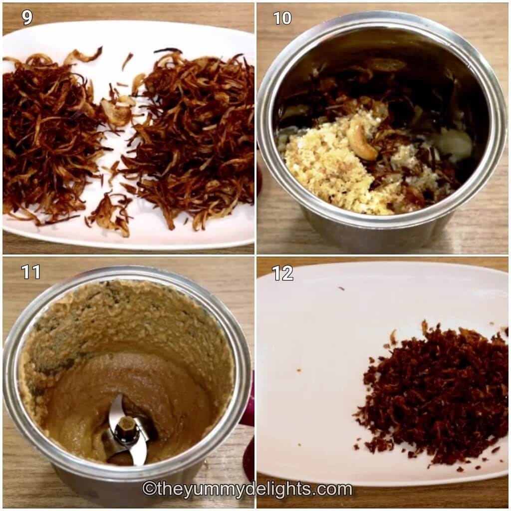 Collage image of 4 steps showing making the fried onion and cashew paste to make the korma curry. It also shows crushing the remaining onions.