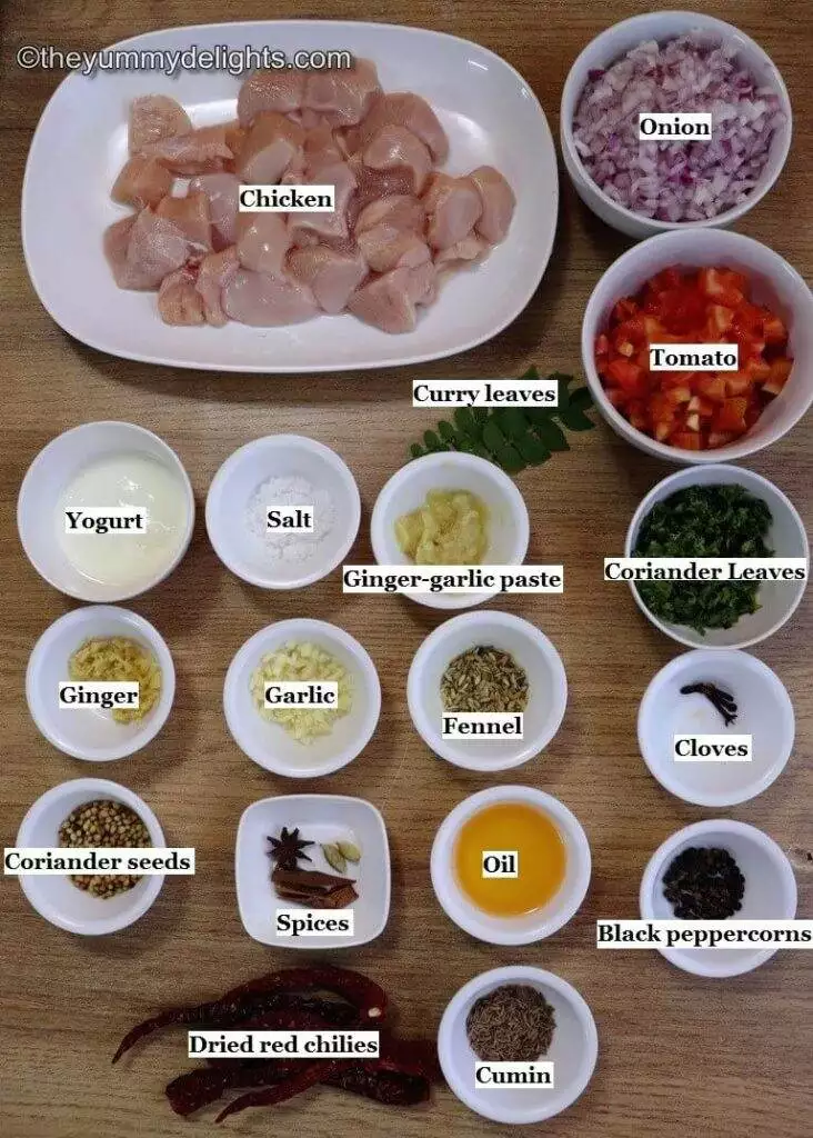 image of ingredients to make chicken masala fry laid out on a table.