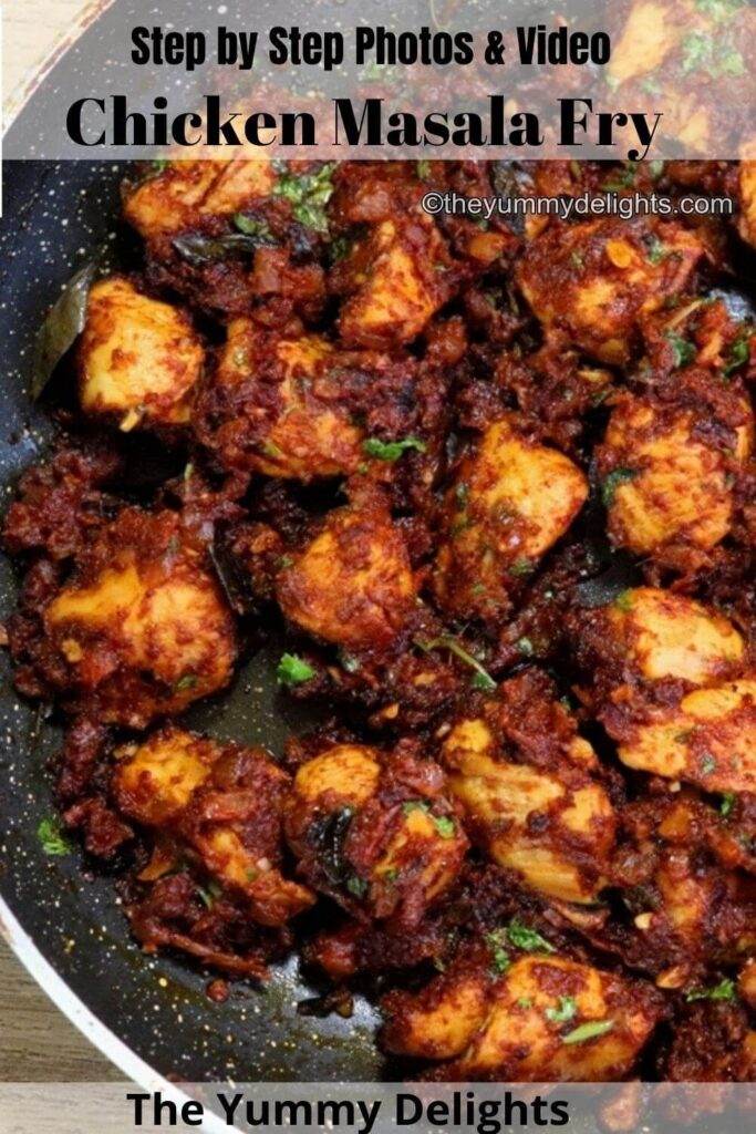 close-up of chicken masala fry in a black colored pan.