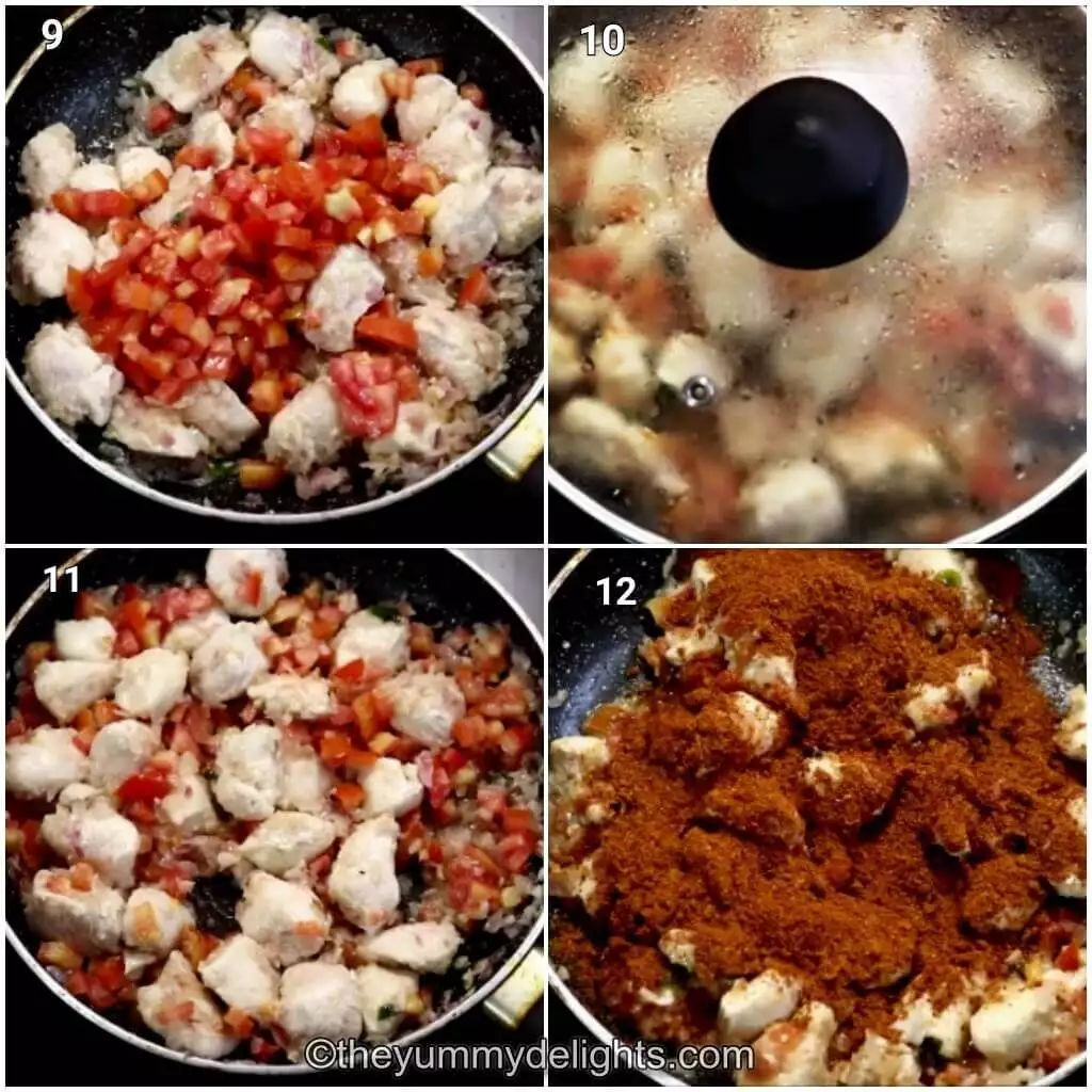 Collage image of 4 steps showing addition of tomatoes and chicken masala powder.