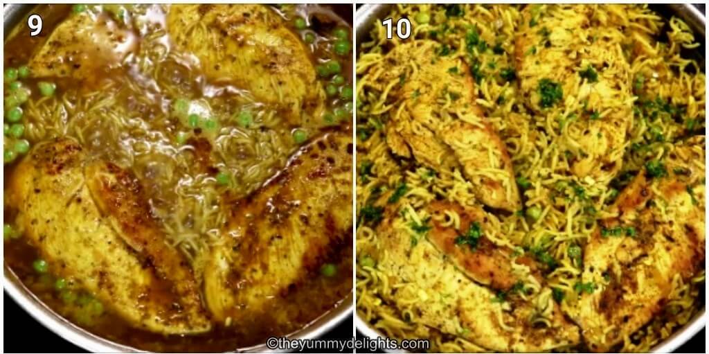 Collage image of 2 steps showing addition of chicken and peas to the rice and cooking it.