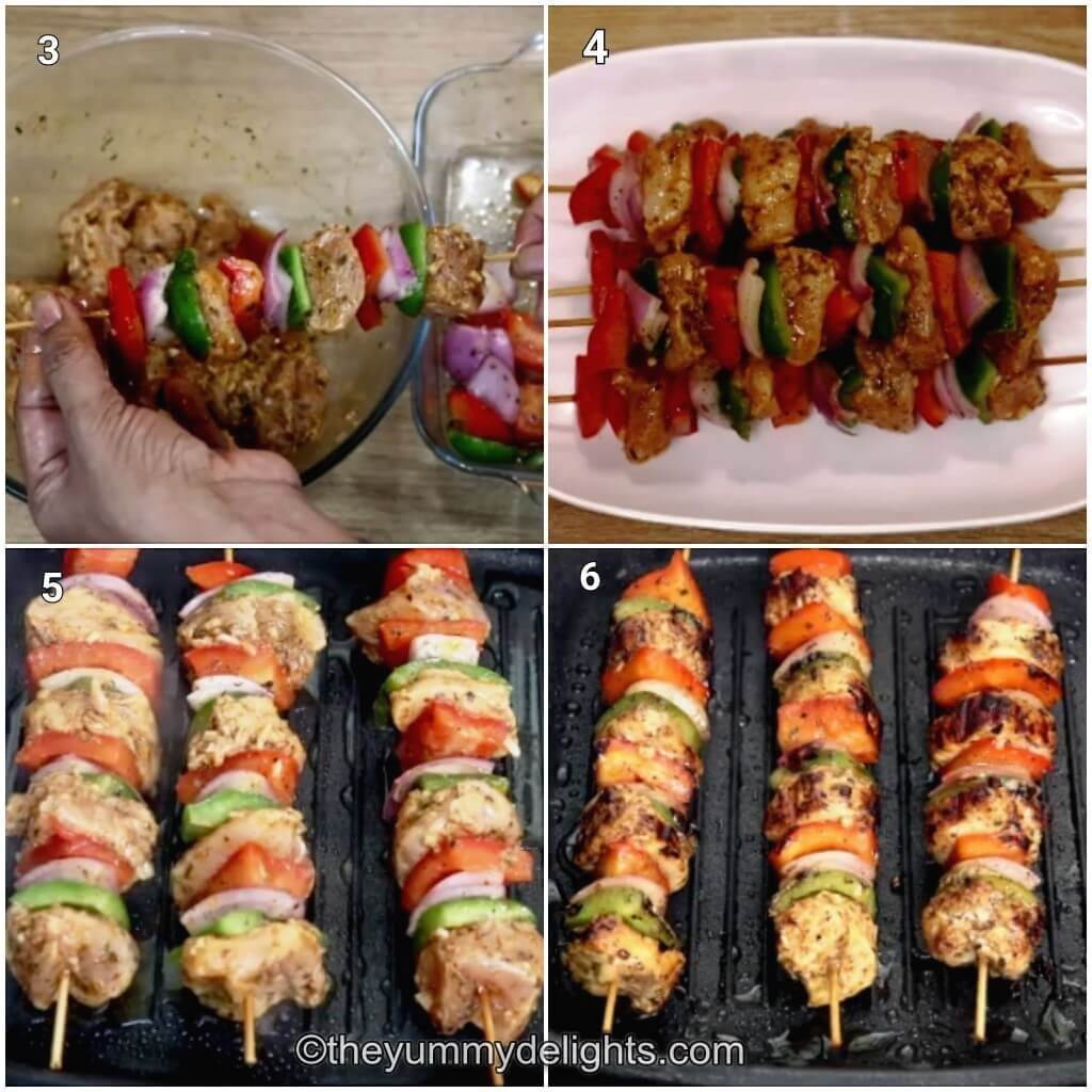 Collage image of 4 steps showing how to make grilled mediterranean chicken kabobs. It shows putting the chicken and veggies on the skewers and grilling them.