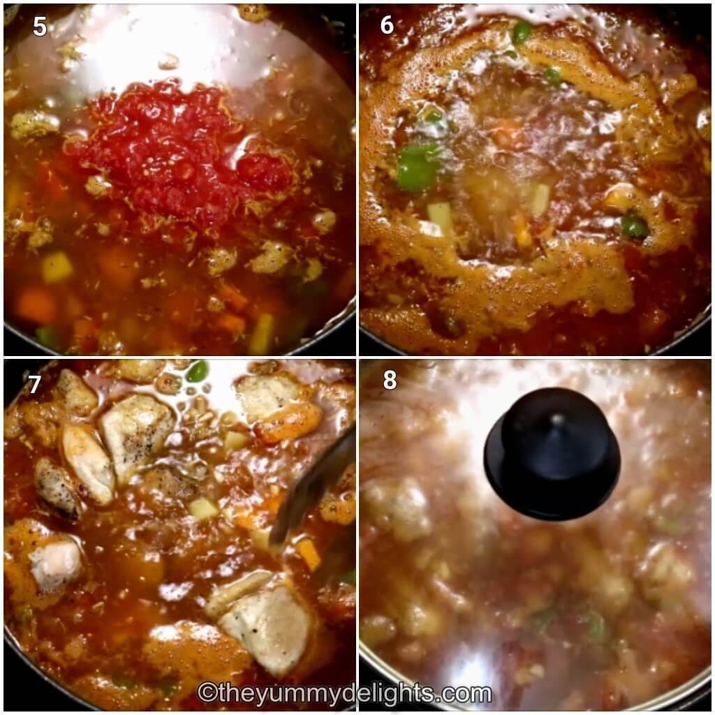 Collage image of 4 steps showing cooking the mediterranean chicken stew. Shows addition of chicken broth and crushed tomatoes, adding chicken back to the pan and cooking stew on low heat.