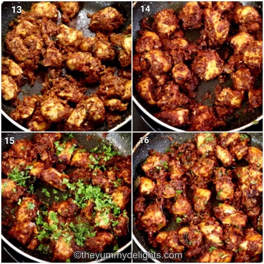 Collage image of 4 steps showing cooking the chicken masala fry.