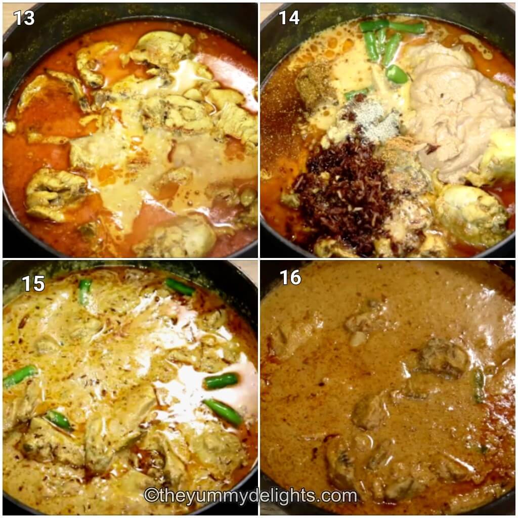 collage image of 4 steps showing making authentic chicken korma. It shows fried onions and nuts paste, crushed onions, garam masala powder, green chilies, keora water, cardamom powder, and mace powder to the gravy.