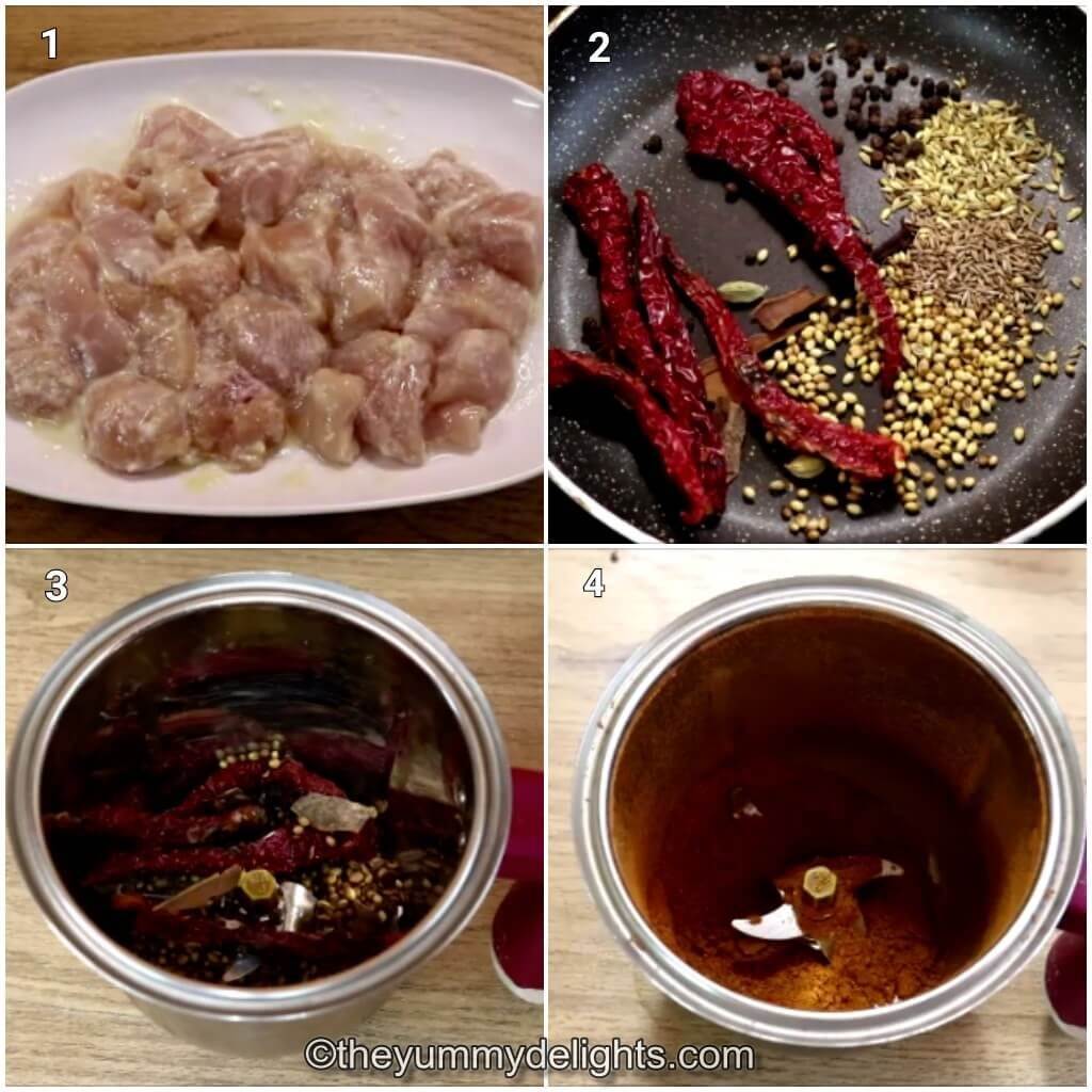 Collage image of 4 steps showing marinated chicken and making chicken masala powder.