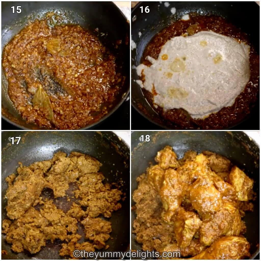 collage image of 4 steps showing addition of onion-coconut paste and cooking it. It also shows addition of marinated chicken to make the malvani chicken curry.